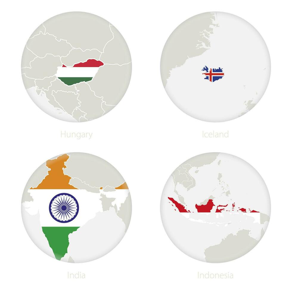 Hongarije, IJsland, Indië, Indonesië kaart contour en nationaal vlag in een cirkel. vector
