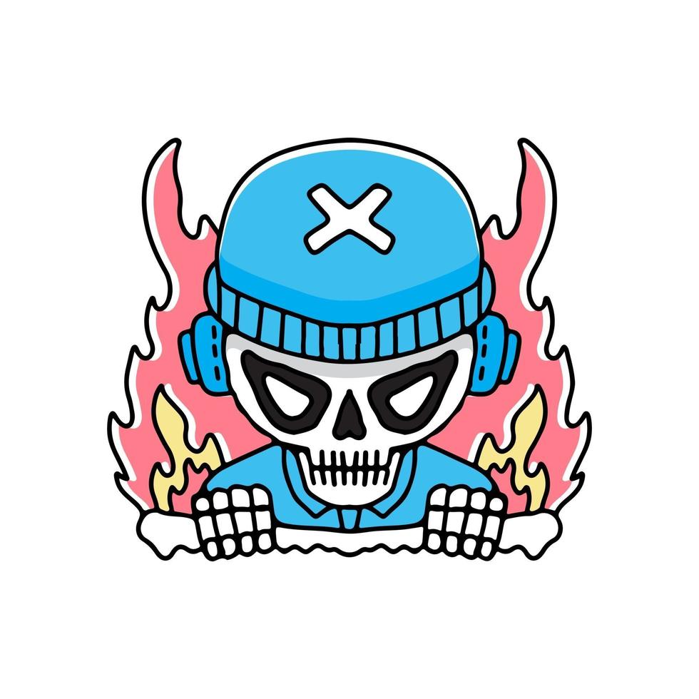 skelet dat beaniehoed in brandillustratie draagt. vector voor t-shirt.