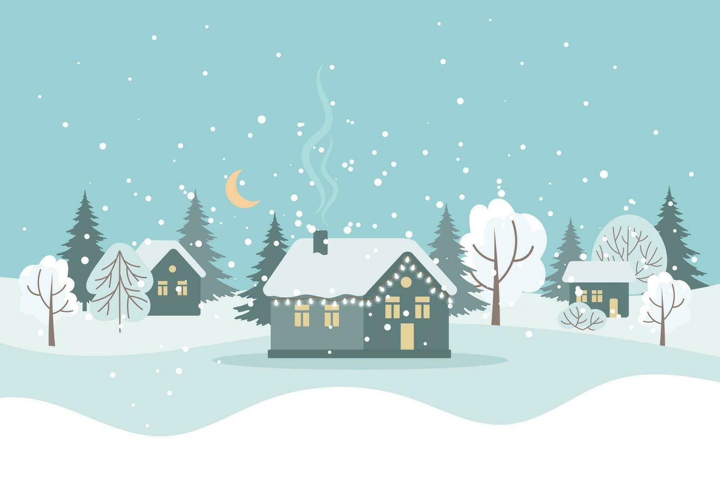 winter landschap met schattig huizen, bomen en nacht lucht met maan, vrolijk Kerstmis groet kaart sjabloon. illustratie in vlak stijl. vector