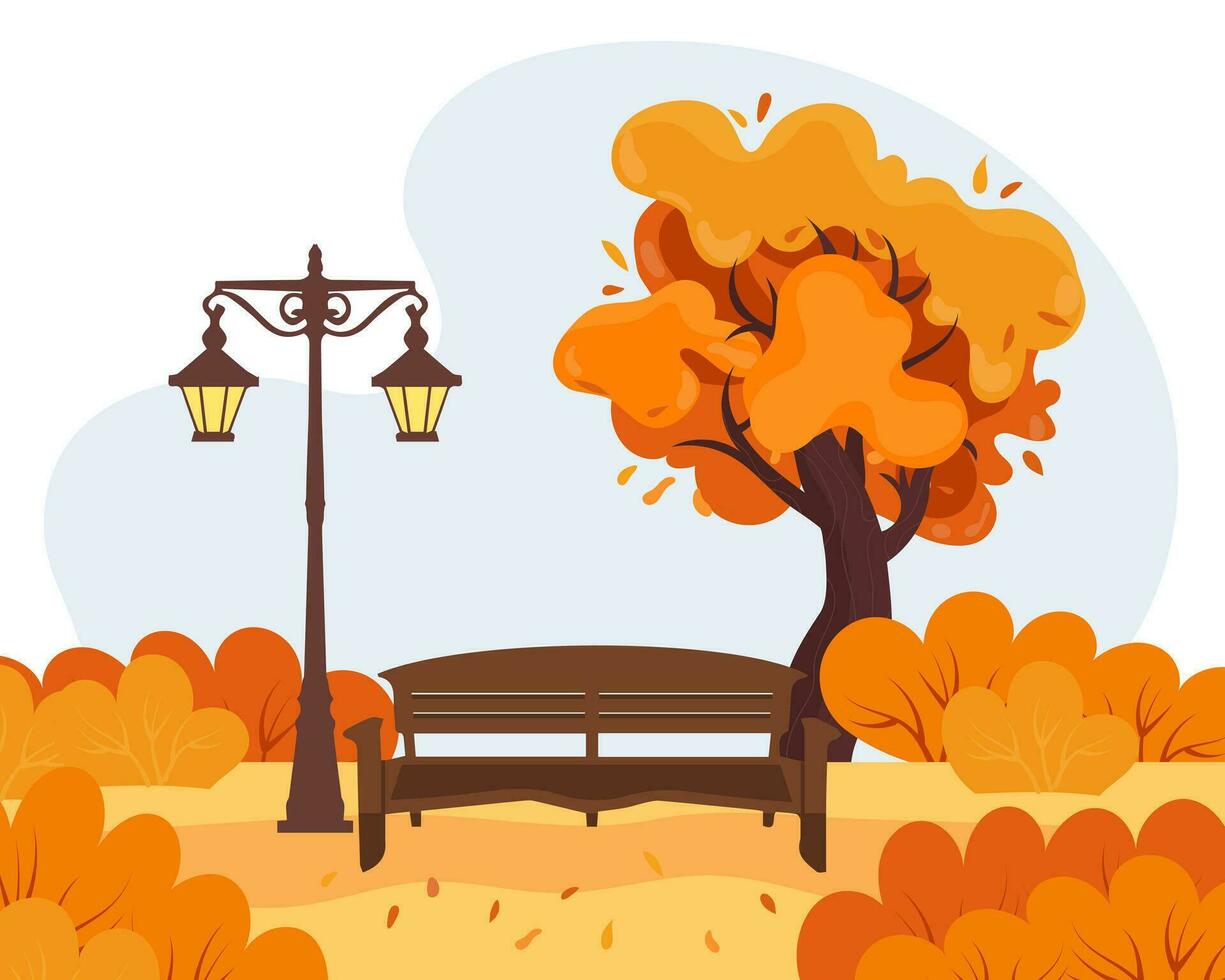 herfst landschap, park bank en retro lantaarn tussen bomen en struiken. illustratie, clip art, vector