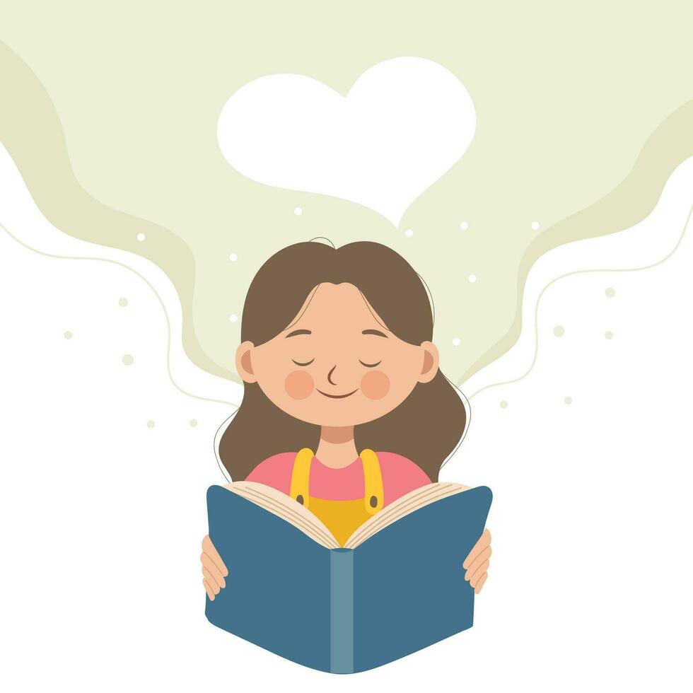 schattig weinig meisje is lezing een boek of aan het studeren. boek geliefden, lezers, fans van modern literatuur, banier sjabloon. onderwijs of opleiding evenement concept. vector