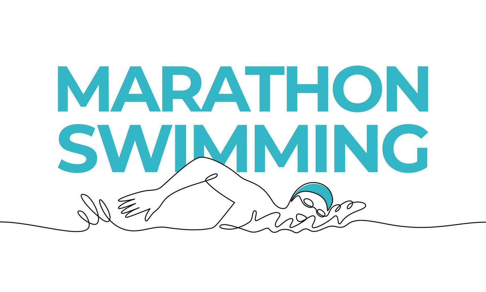 single doorlopend tekening. sport, triatlon, marathon zwemmen. gekleurde elementen en titel. een lijn vector illustratie