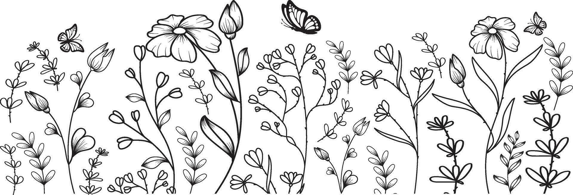 vector botanisch naadloos grens met modieus weide groen en bloemen.
