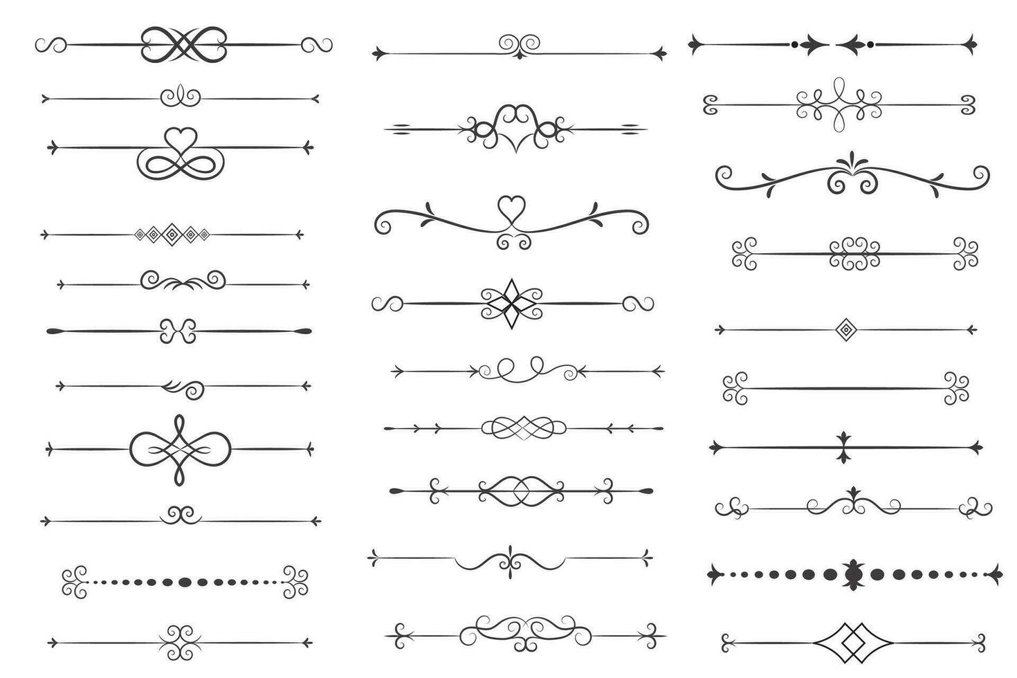 bladzijde verdeler en ontwerp elementen. reeks van divers gemakkelijk zwart verdeler ontwerp, geassorteerd verdeler verzameling sjabloon vector. verzameling van bloemen verdelers elementen mega decoratie voor kalligrafie. vector