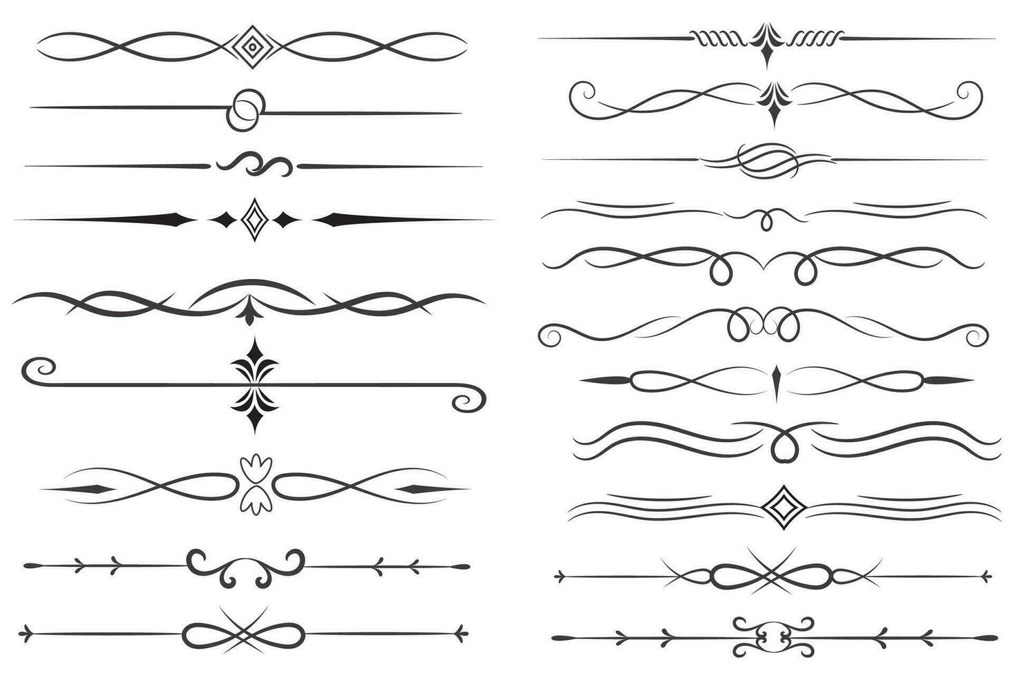 bladzijde verdeler en ontwerp elementen. reeks van divers gemakkelijk zwart verdeler ontwerp, geassorteerd verdeler verzameling sjabloon vector. verzameling van bloemen verdelers elementen mega decoratie voor kalligrafie. vector