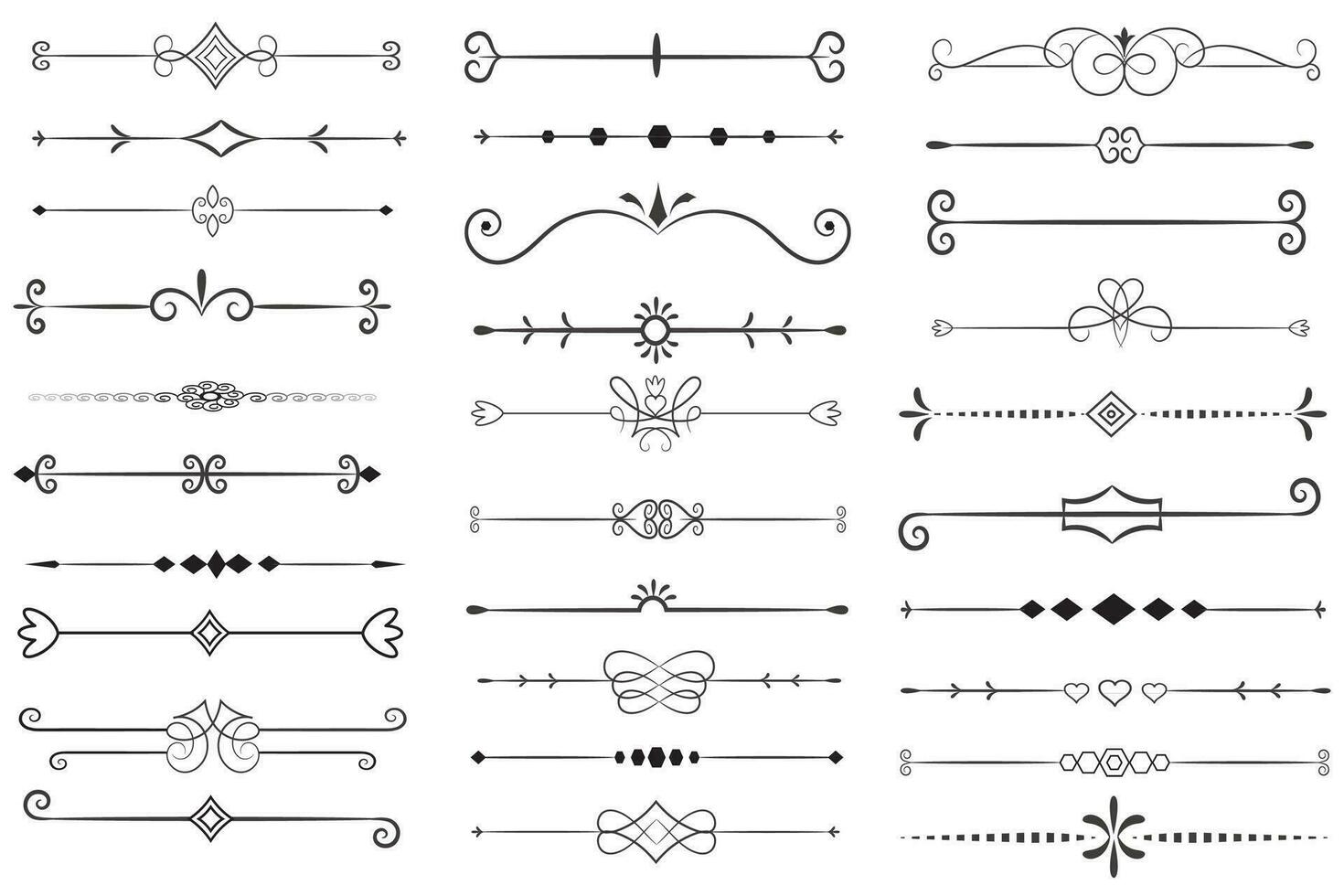 bladzijde verdeler en ontwerp elementen. reeks van divers gemakkelijk zwart verdeler ontwerp, geassorteerd verdeler verzameling sjabloon vector. verzameling van bloemen verdelers elementen mega decoratie voor kalligrafie. vector