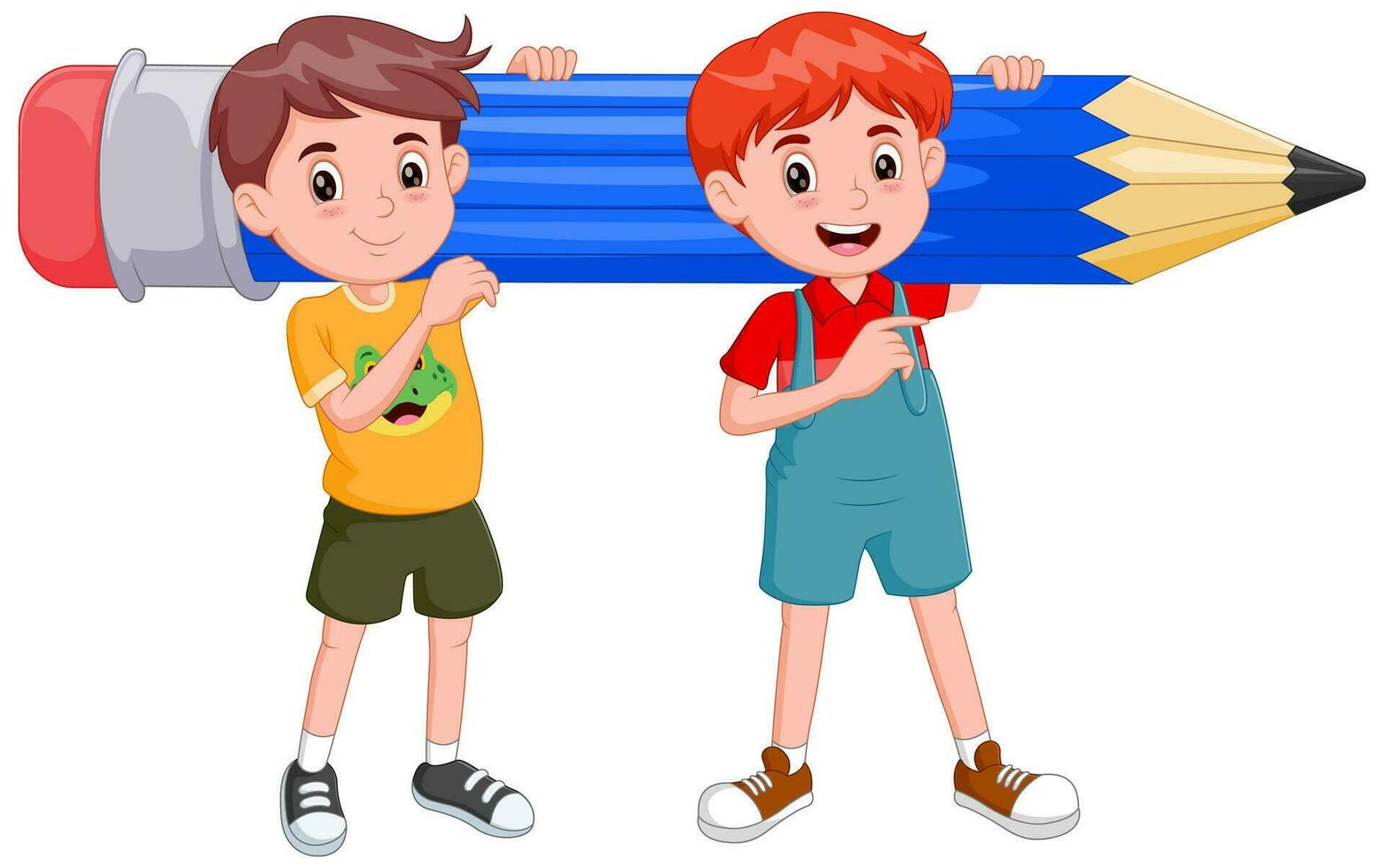 twee jongens tekenfilm Holding een groot potlood. vector illustratie