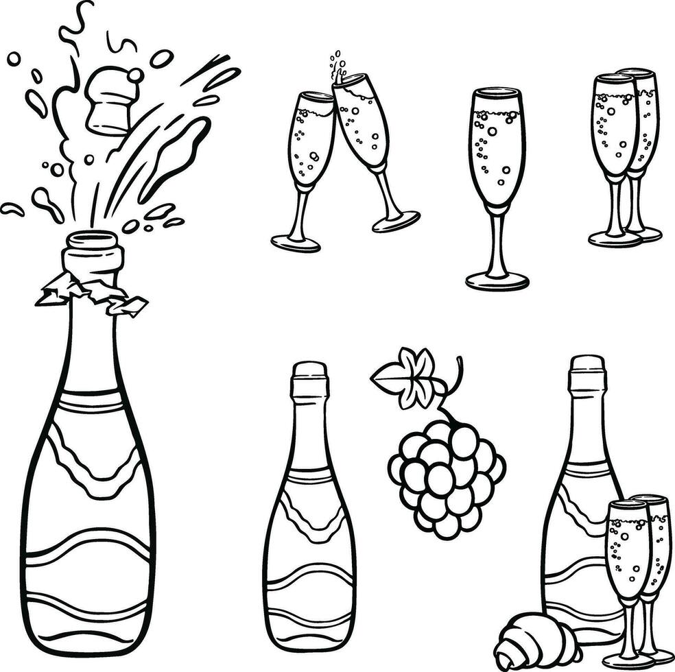 lijn reeks alcohol met Champagne, bril van wijn illustratie vector