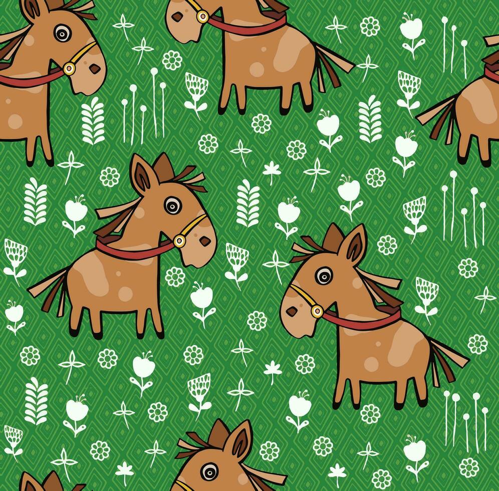 naadloos kinderachtig patroon met schattig paarden en hand- getrokken texturen. creatief zwart en wit kinderen structuur voor kleding stof, inpakken, textiel, behang, kleding. vector