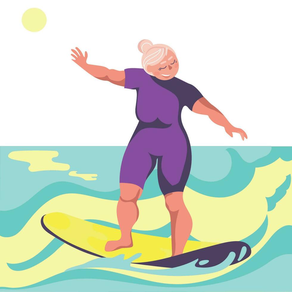 actief senioren Aan vakantie concept.positief oud dame rijden een surfboard Aan zee golven.vector illustratie in modern stijl.modern senioren en actief oud leeftijd.schattig oma surfing vector