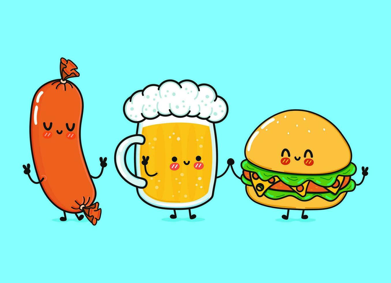 schattig, grappig vrolijk glas bier, hamburgerworst. vector hand getekend kawaii stripfiguren, illustratie pictogram. grappige cartoon glas bier, hamburger en worst vrienden concept
