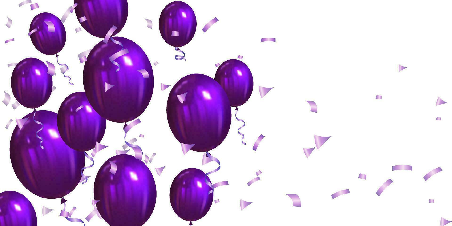 Purper ballonnen met linten en confetti. vector illustratie