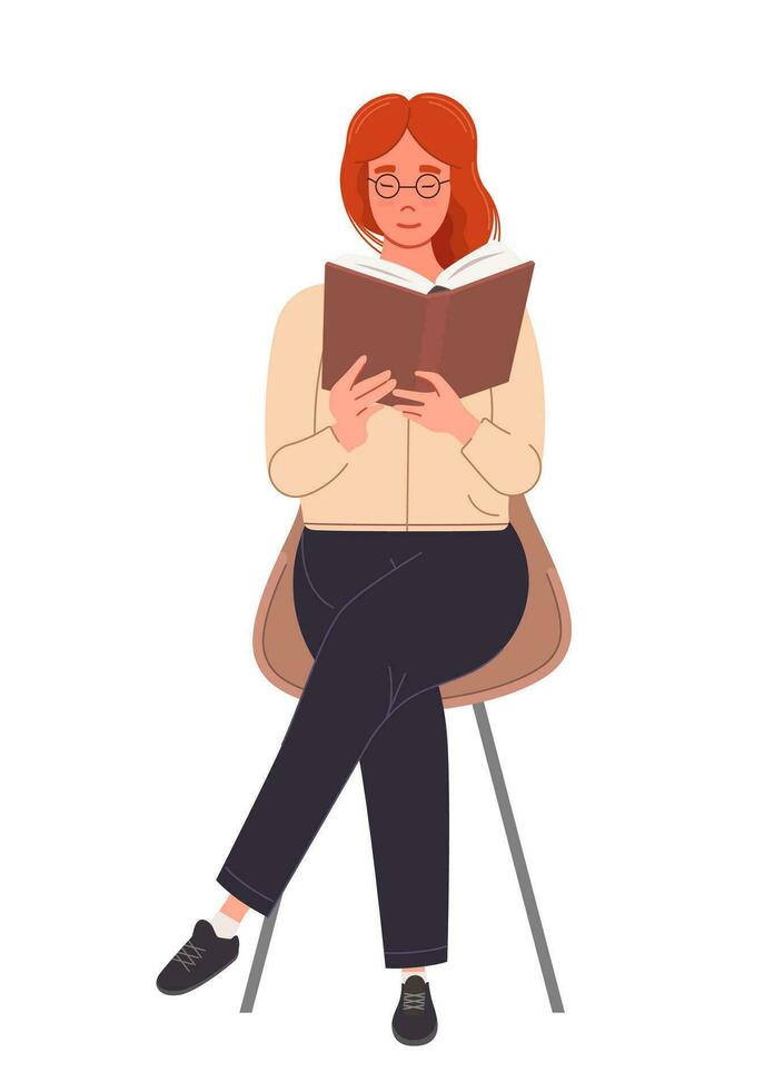 meisje zit Aan een stoel en leest een boek. onderwijs hobby concept vector illustratie.