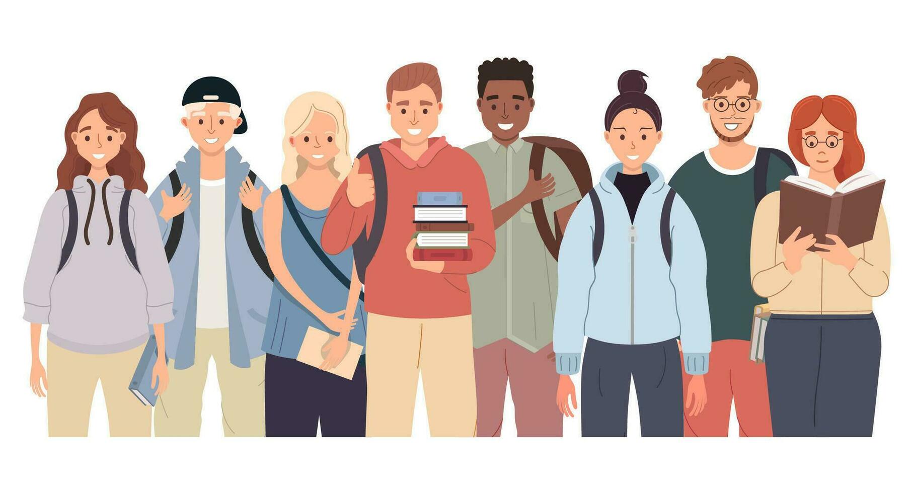 verschillend college leerling groep met rugzakken en boeken staand samen. jong mensen klasgenoten in gewoontjes kleren. vector