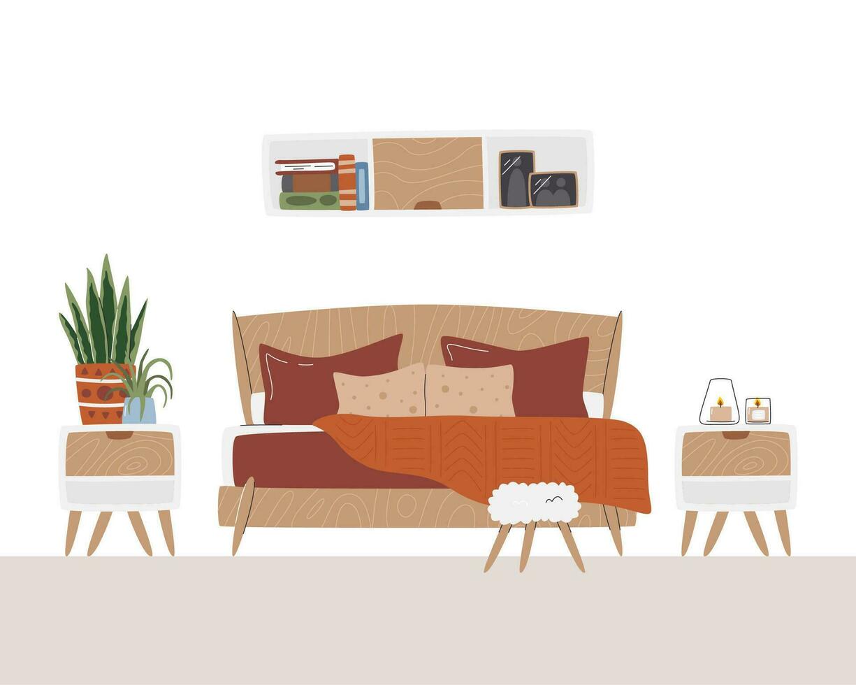 knus slapen kamer met boeken en familie foto's. huiselijk interieur ontwerp met kaarsen en planten voor ontspannende en rusten. bedtijd concept tafereel. meester slaapkamer hand- getrokken vlak vector illustratie