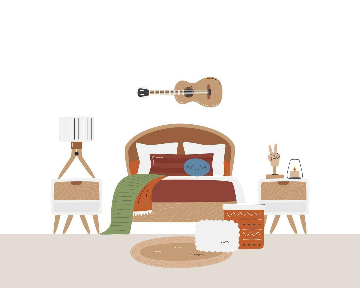 tiener kamer met single bed versierd met stoffen. koel interieur ontwerp met gitaar en artistiek mannequin. eco knus houten meubilair geïsoleerd. kinderen slaapkamer hand- getrokken vlak vector illustratie