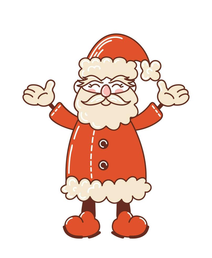grappig de kerstman claus met verheven handen lachend. schattig Kerstmis tekens in retro tekenfilm stijl. voor stickers, affiches, kaarten, ontwerp elementen vector