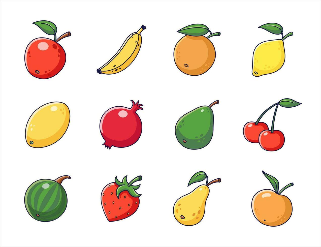 schattig fruit reeks in tekenfilm stijl. fruit verzameling. fruit pictogrammen, stickers, mascottes. vector illustratie geïsoleerd Aan wit achtergrond.