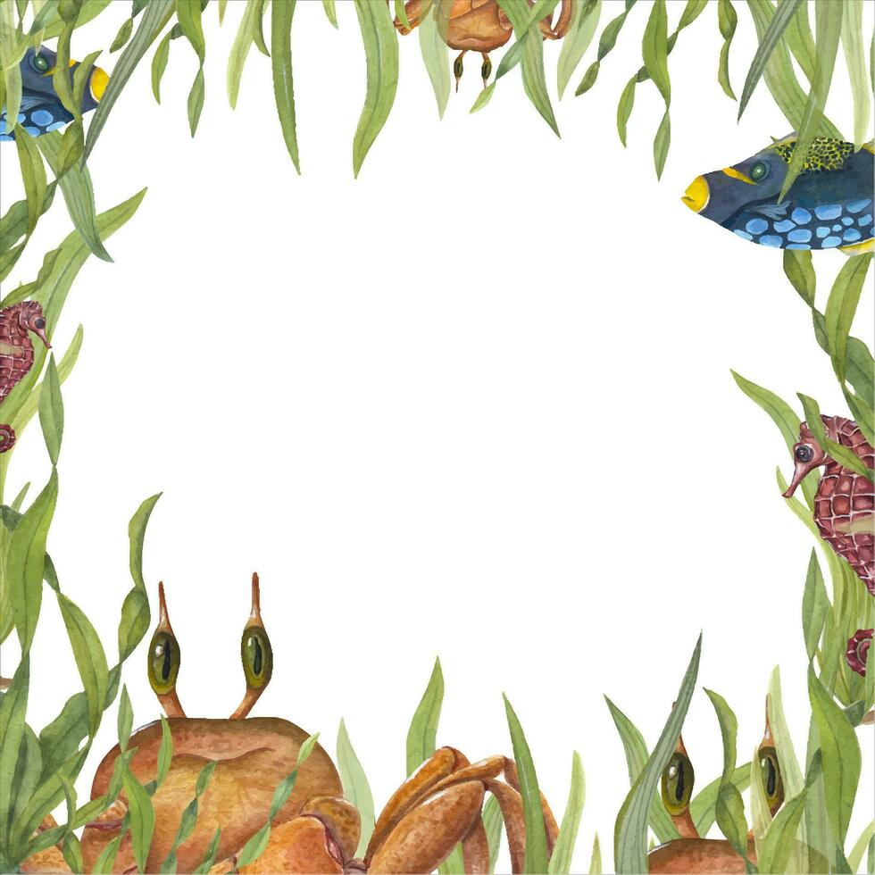 waterverf kaart in tekenfilm stijl voor kinderen verjaardagen met krabben, zeewier, zeepaardje, gekleurde vis. hand- geschilderd illustratie voor groet kaart, poster, ansichtkaart, uitnodiging vector