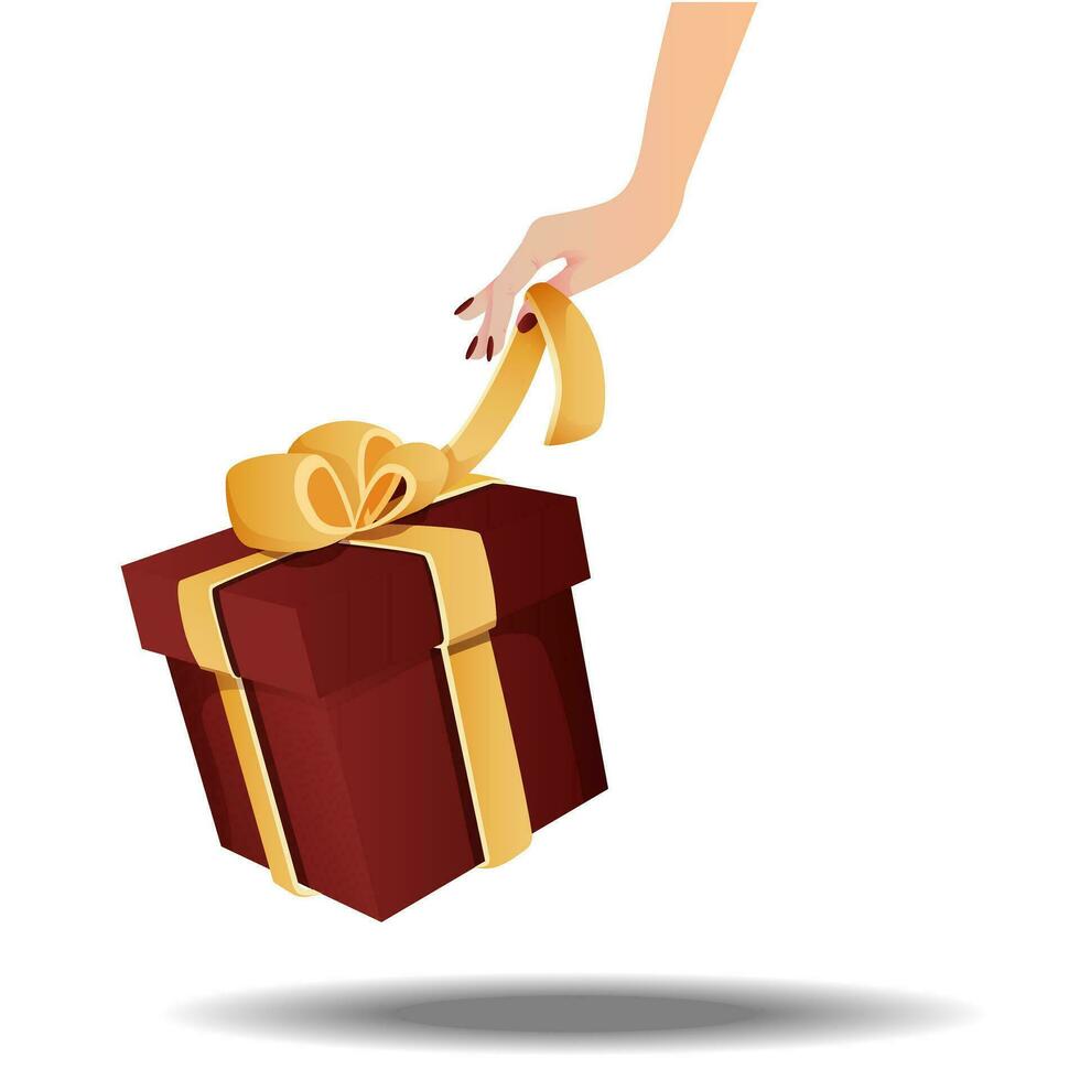 hand- maakt los een boog Aan een geschenk doos. rood geschenk doos en goud lint en boog. gebruik voor hartelijk groeten, banier, uitnodiging, kaarten of website pictogrammen. voorraad vector geïsoleerd illustratie Aan wit achtergrond