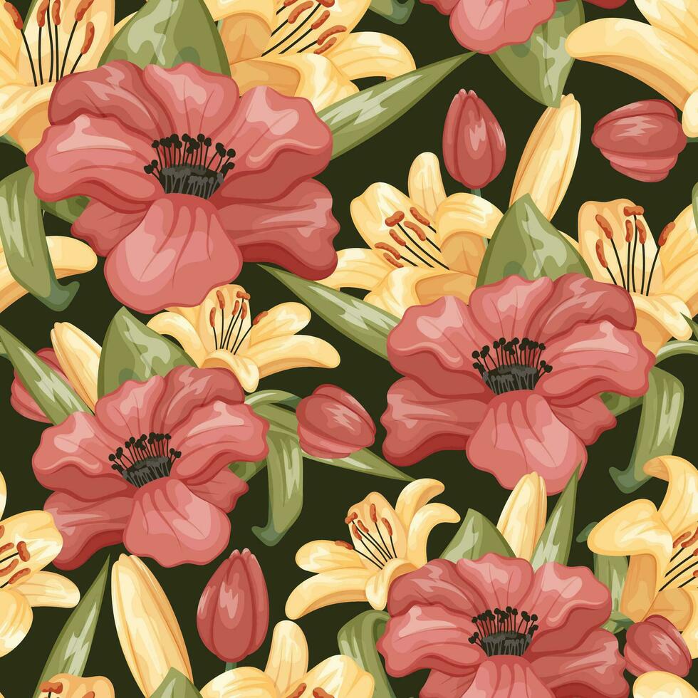 mooi bloeiend bloemknoppen van lelie en rood anemoon. vector naadloos tekenfilm patroon, decoratief bloem arrangement met groen bladeren.