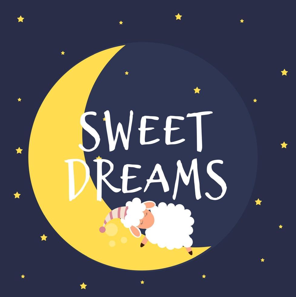 schattige kleine schapen aan de nachtelijke hemel. zoete dromen. vector illustratie