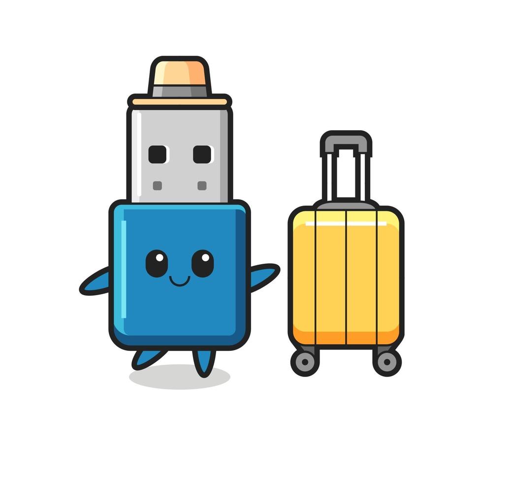 flash drive usb cartoon afbeelding met bagage op vakantie vector