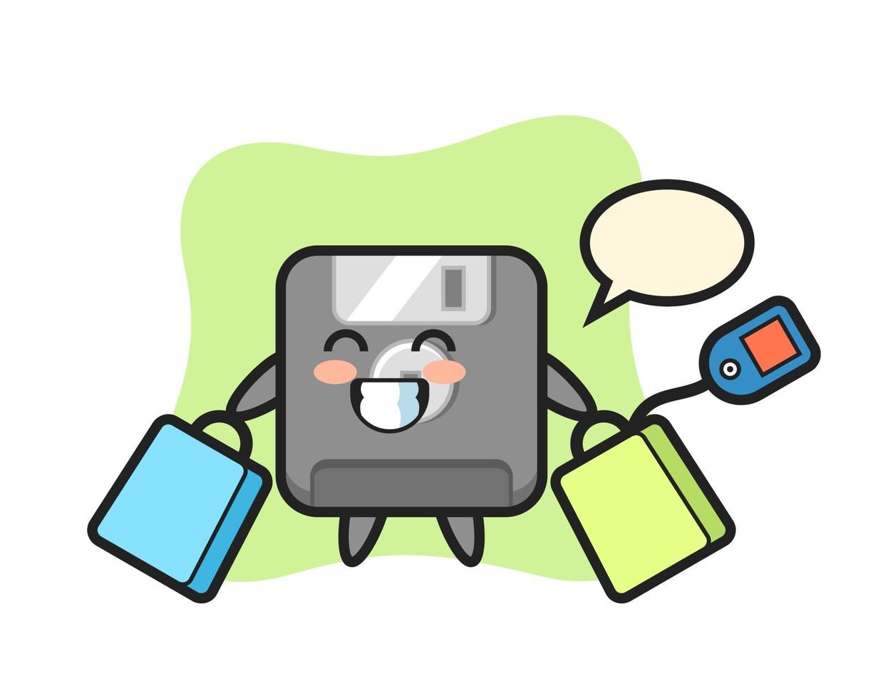 floppy disk mascotte cartoon met een boodschappentas vector