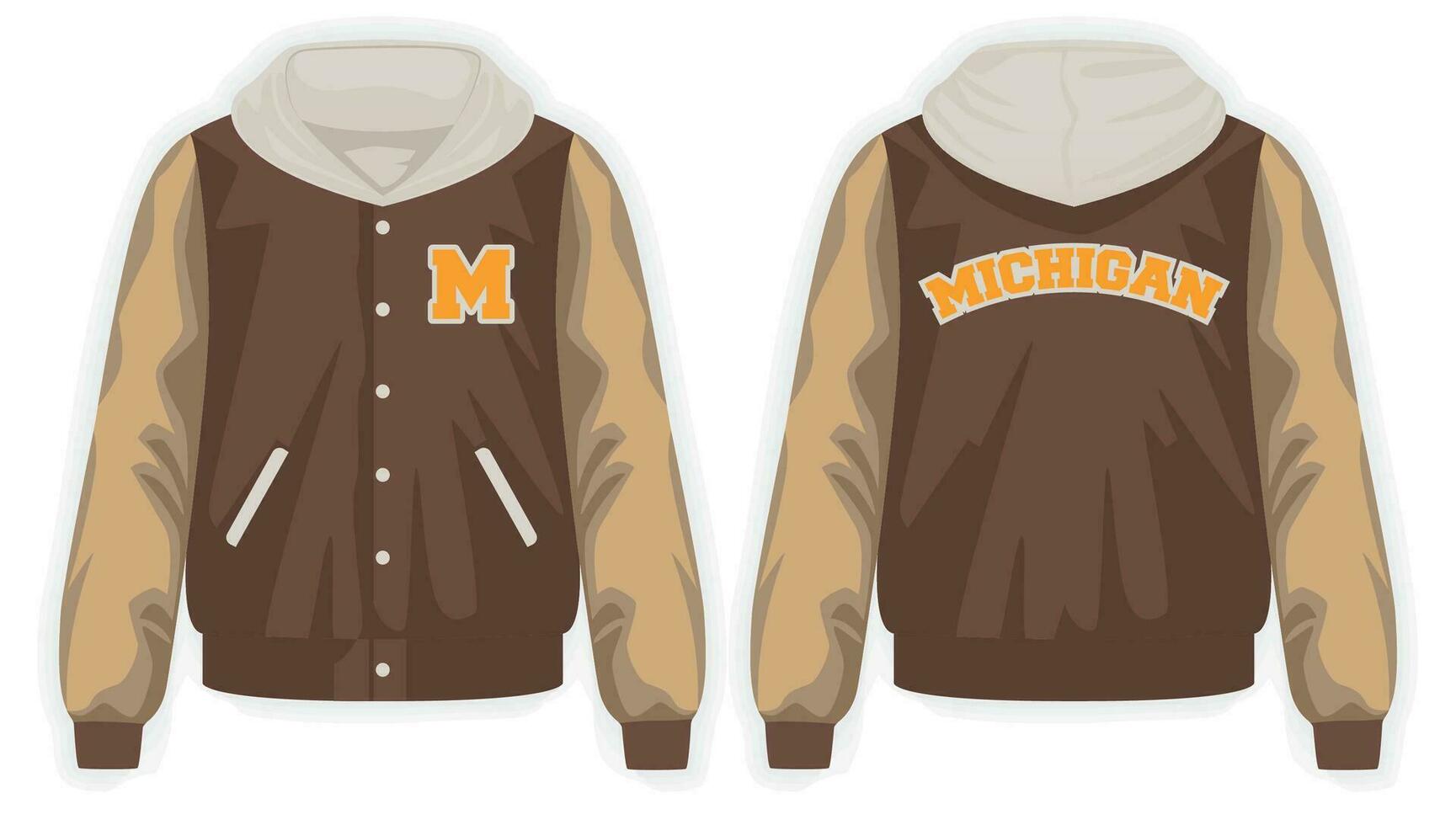 beige bruin varsity jasje voorkant en terug visie, vector mockup illustratie