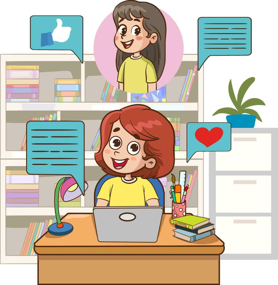 kinderen met sociaal media elementen Aan wit achtergrond illustratie.kinderen afgelegen communicatie via internetten. gelukkig jongens en meisje praten, chatten Bij afstand. vlak vector illustratie