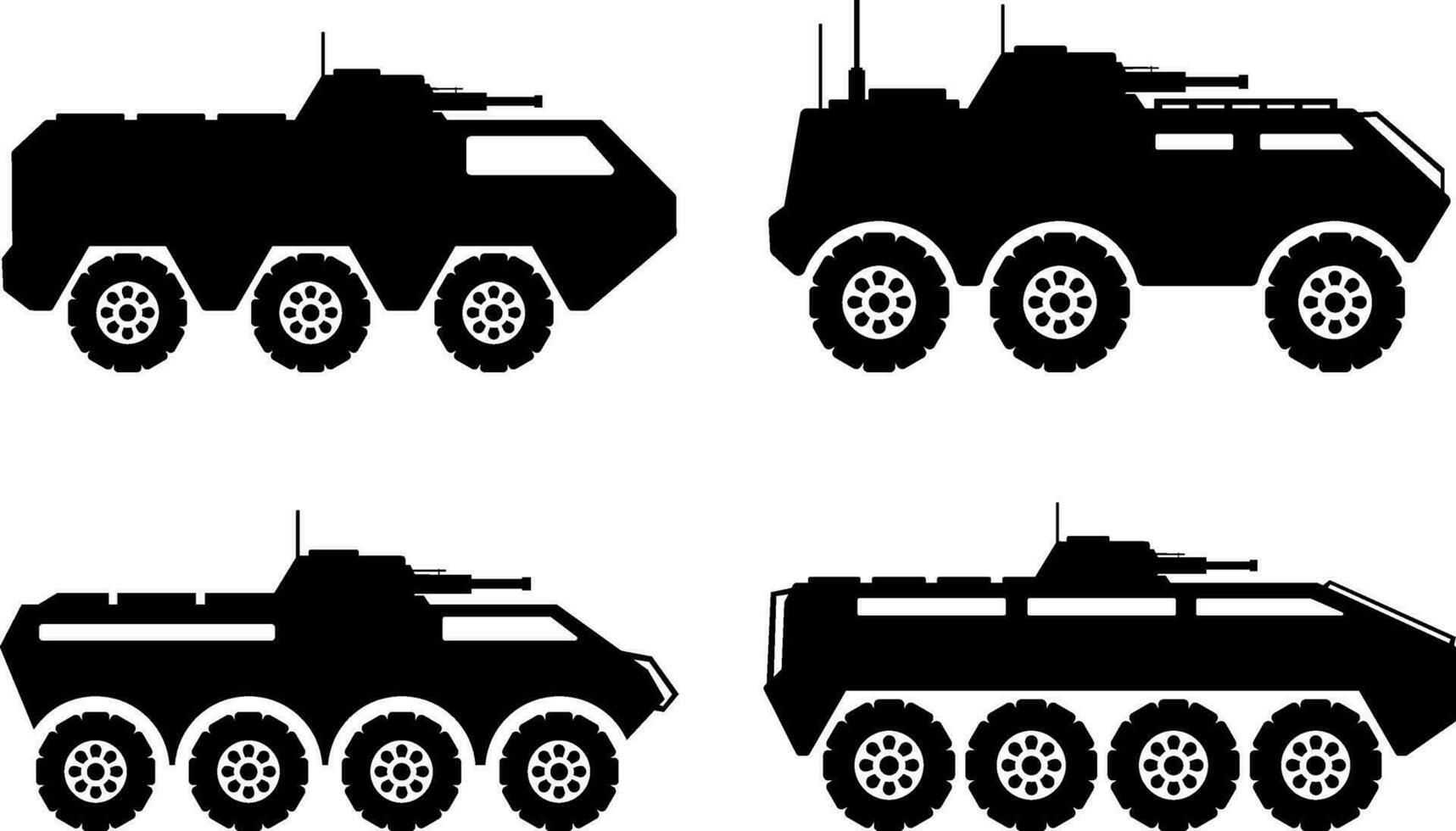 leger voertuig icoon set. gepantserd personeel vervoerder silhouet voor icoon, symbool of teken. gepantserd voertuig icoon voor leger, oorlog, slagveld, conflict en verdediging vector