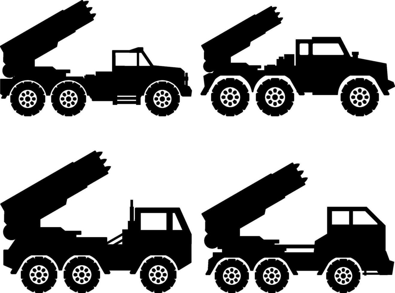 leger raket vrachtauto icoon set. raket draagraket vrachtauto silhouet voor icoon, symbool of teken. raket vrachtauto icoon voor leger, oorlog, slagveld, conflict en verdediging vector