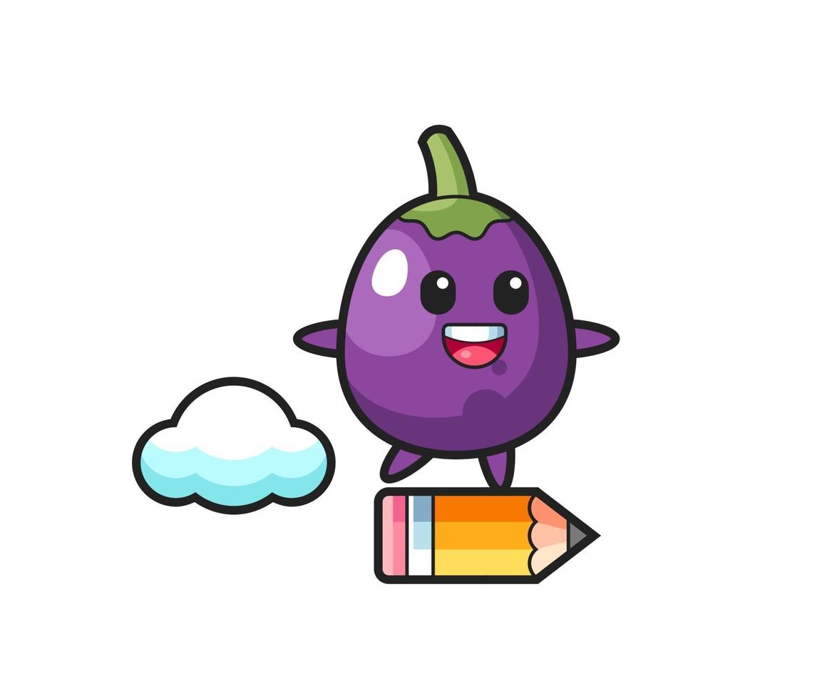 aubergine mascotte illustratie rijden op een gigantisch potlood vector