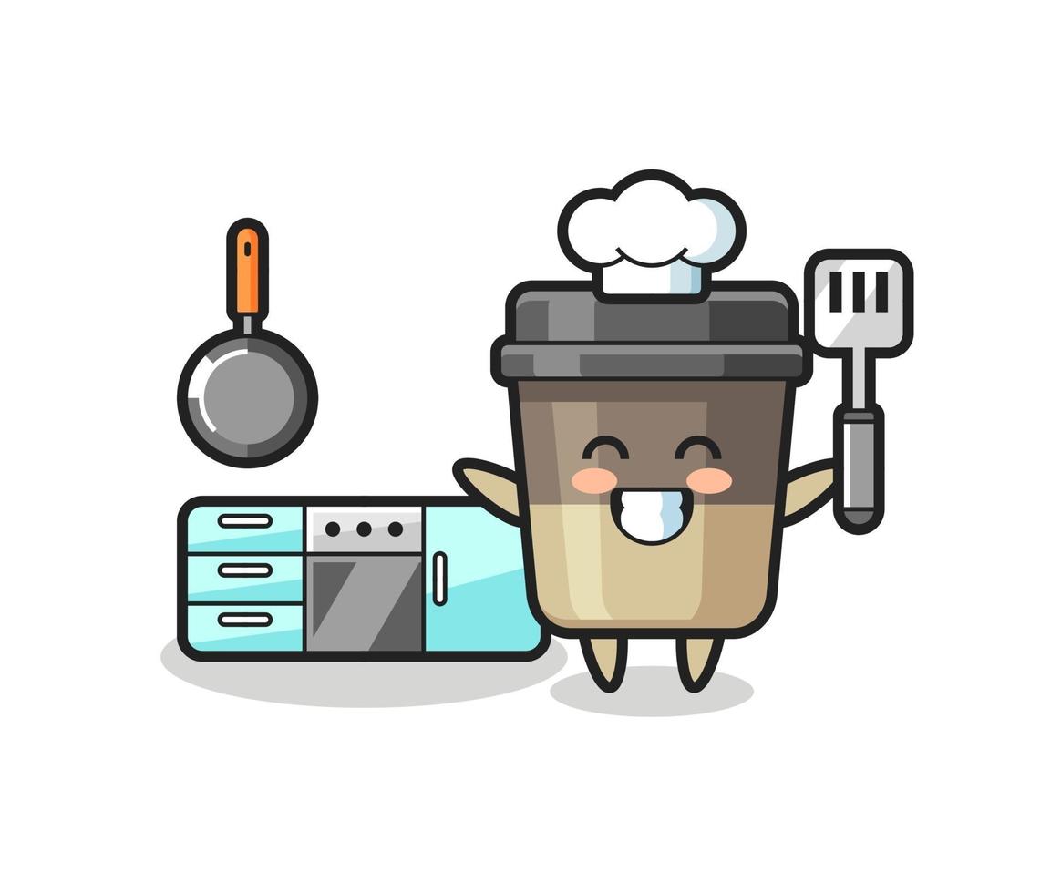 koffiekopje karakter illustratie als een chef-kok aan het koken is vector