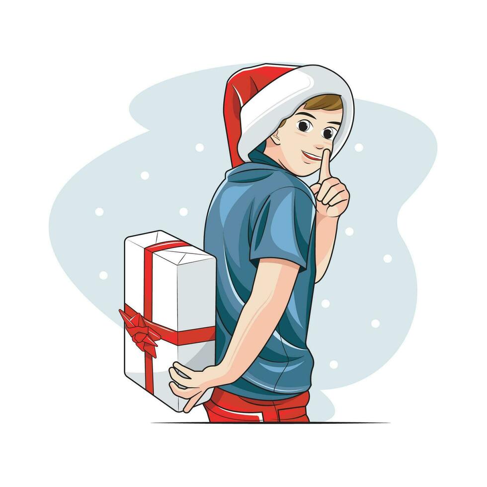 Kerstmis dag. weinig kind in de kerstman hoed schuilplaats Kerstmis geschenk doos achter rug. vector illustratie
