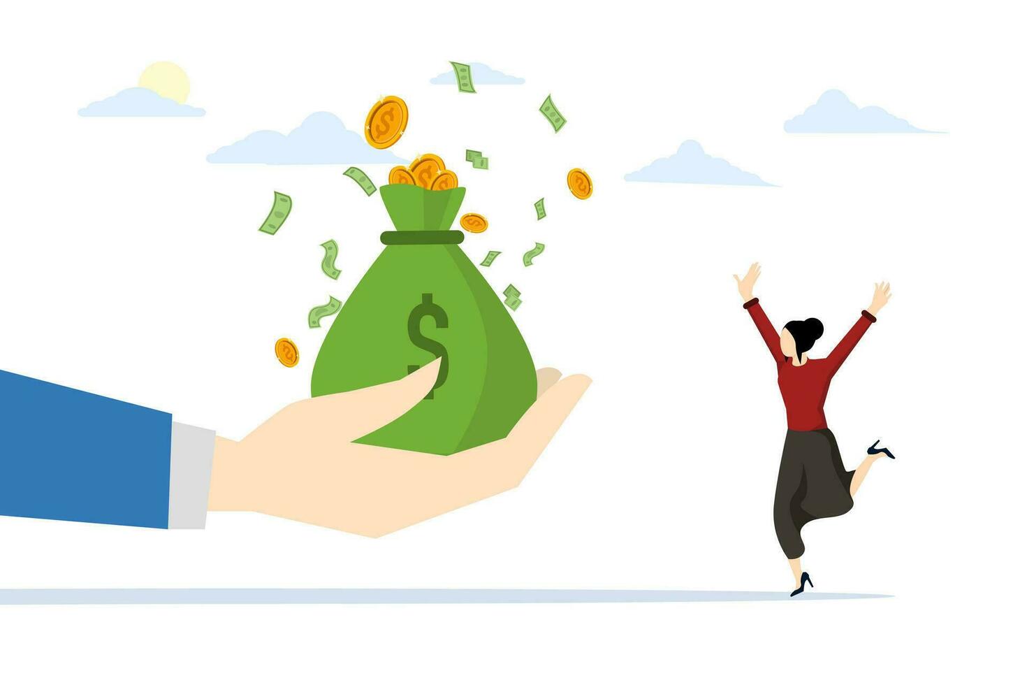 gelukkig jumping zakenvrouw. hand- geven geld zak naar medewerker. voordelen voor arbeiders. voordelen met medewerkers, geld, werknemer winnend trofeeën. vlak vector illustratie Aan wit achtergrond.
