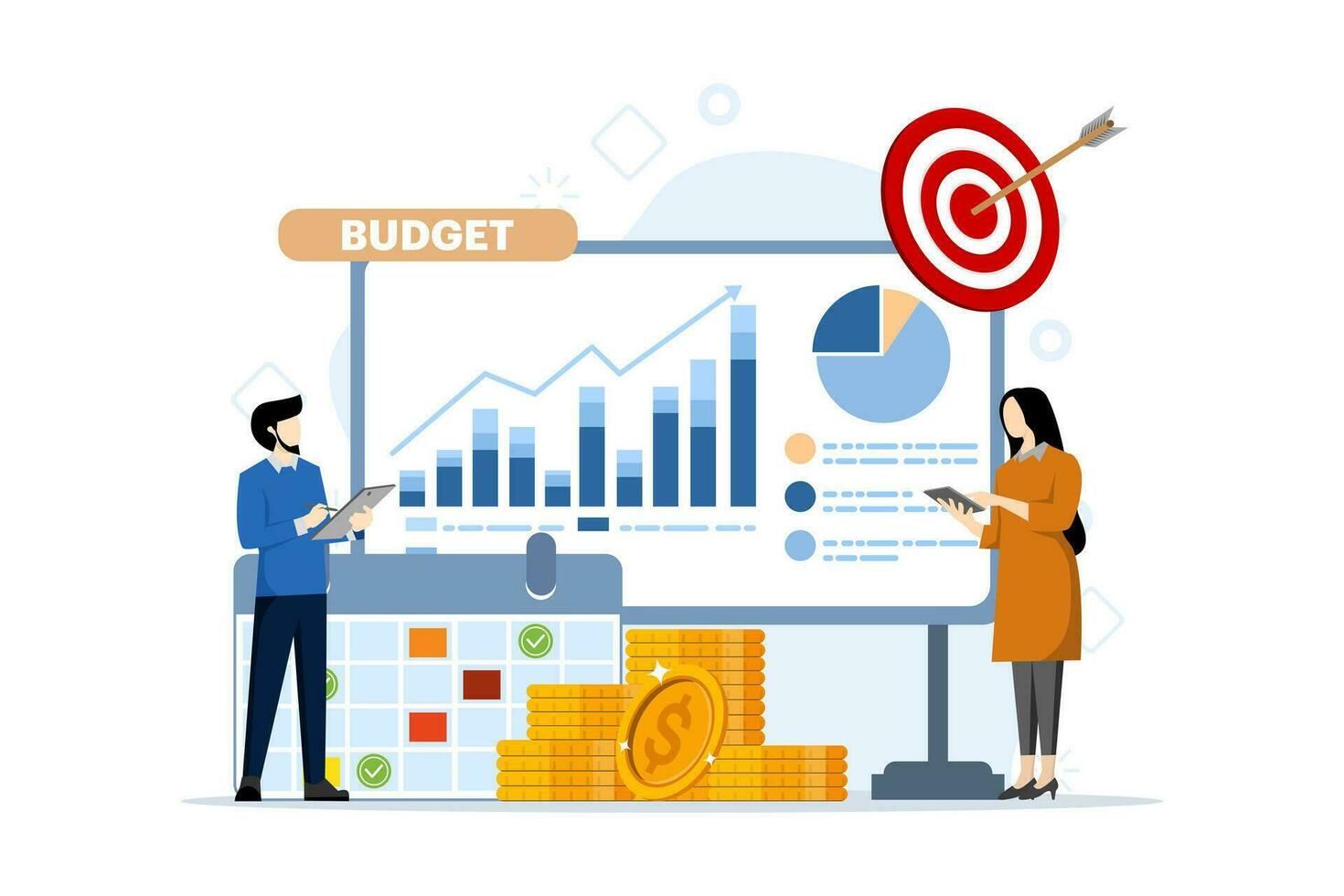 concept van begroting bedrijf strategie, financiën en boekhouding, begroting berekeningen, economie en investering, bedrijf analyse. groei strategie of financieel doelen. vlak ontwerp vector illustratie.