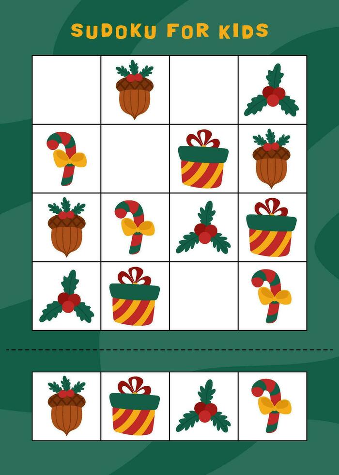 Kerstmis sudoku spel voor kinderen met schattig voorwerpen. kinderen werkzaamheid vel. winter werkzaamheid bladzijde. vector