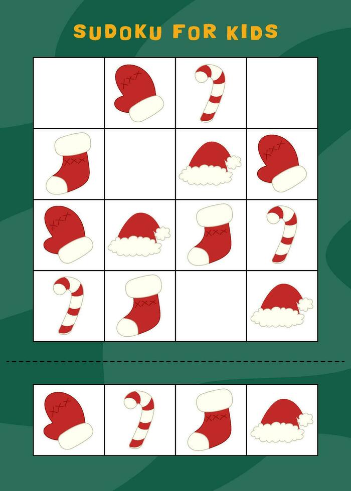 Kerstmis sudoku spel voor kinderen met schattig voorwerpen. kinderen werkzaamheid vel. winter werkzaamheid bladzijde. vector