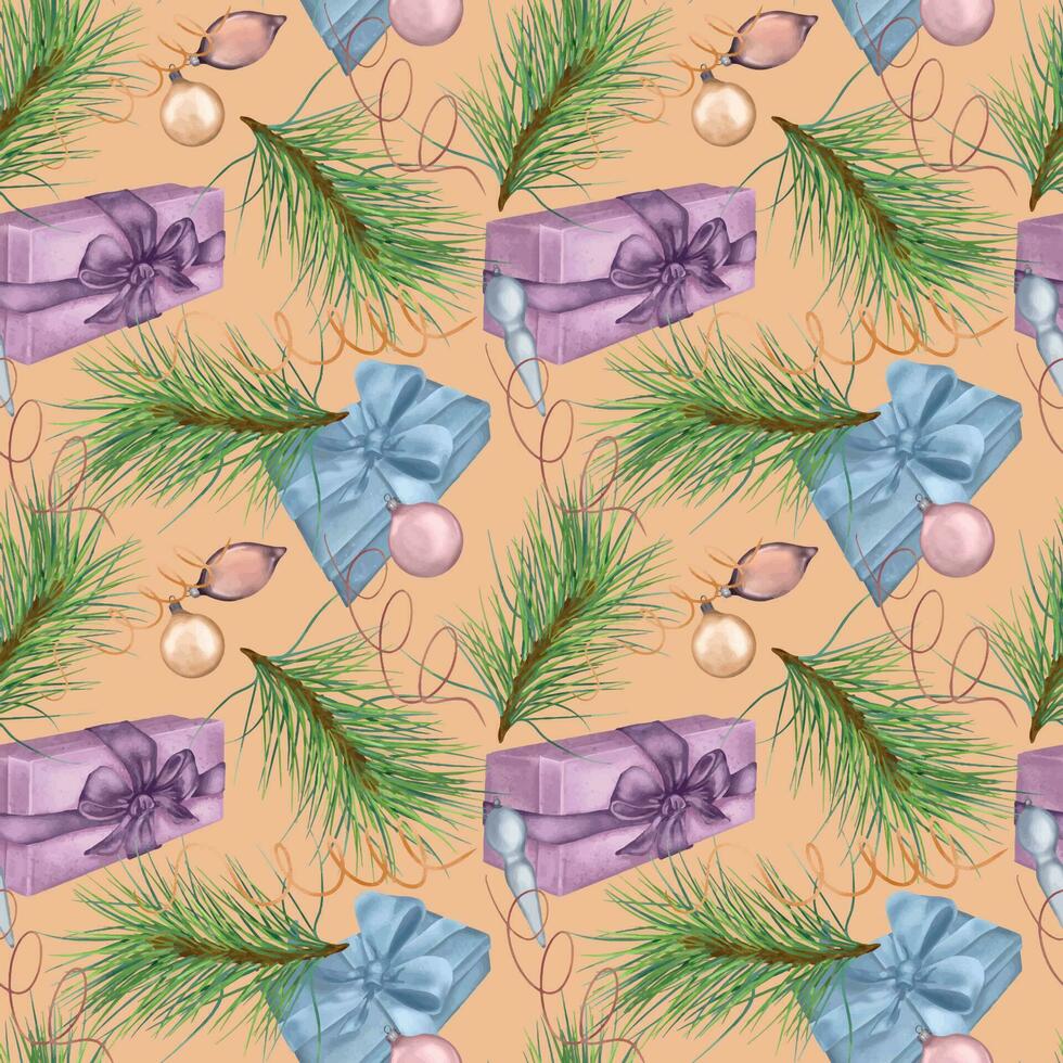 Kerstmis naadloos patroon van geschenk dozen, Kerstmis decoraties digitaal illustratie geïsoleerd Aan beige. Cadeau, omhulsel lint hand- getrokken. afdrukken voor vakantie, 2024 nieuw jaar inpakken, papier, textiel vector