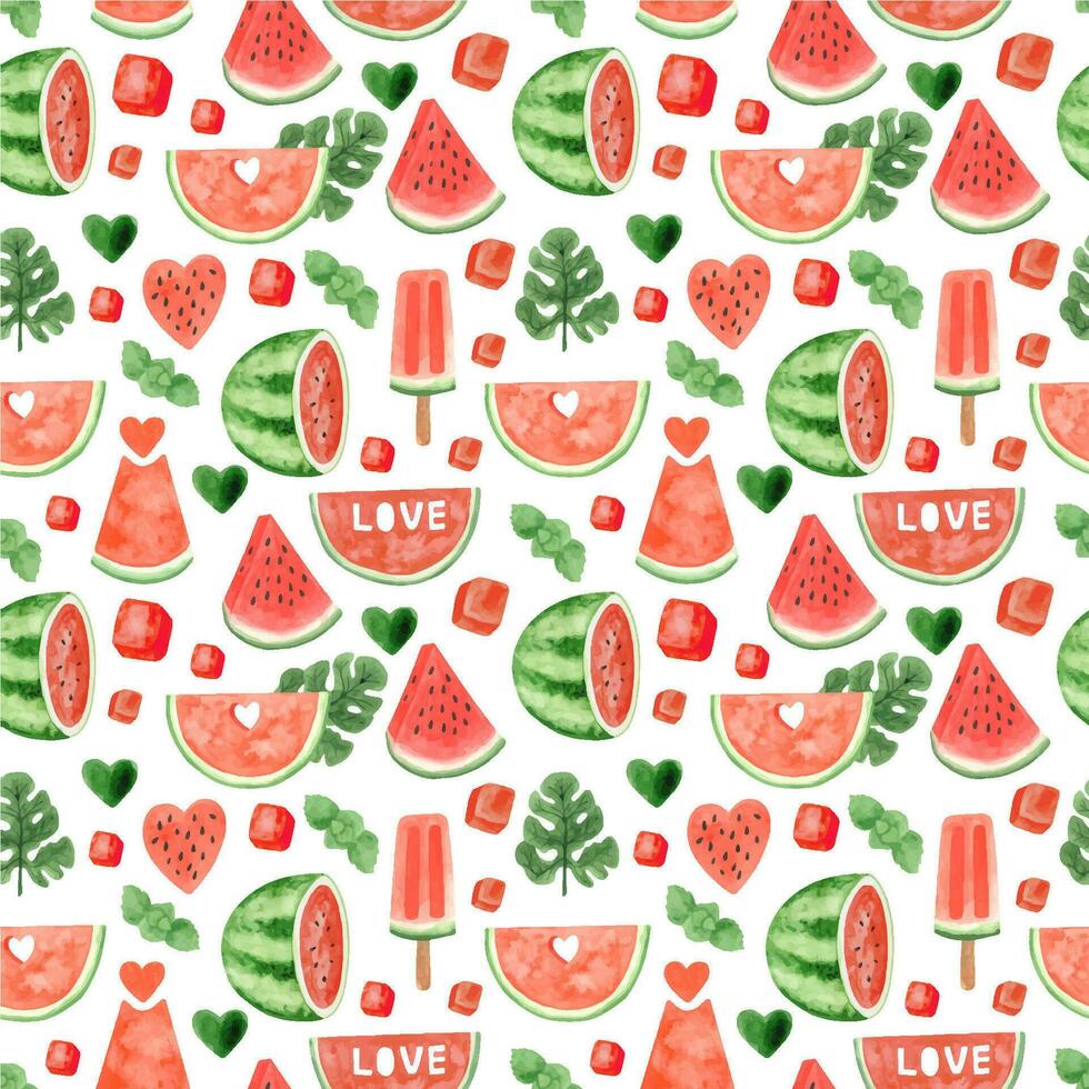 waterverf watermeloen naadloos patroon, zomer rijp fruit. watermeloen partij vector