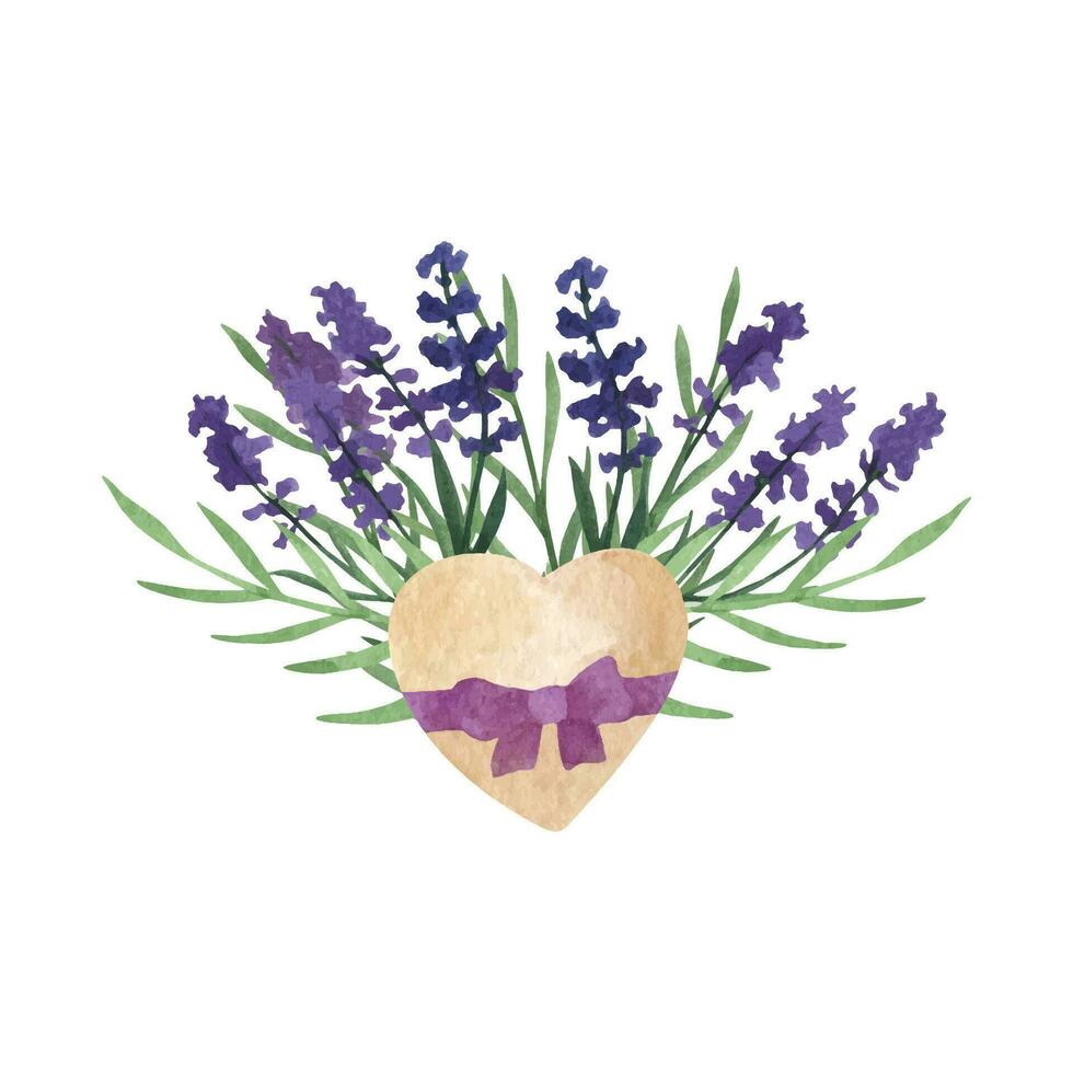 provence lavendel bloem en bladeren met hart. hand- getrokken zomer kruid waterverf clip art vector