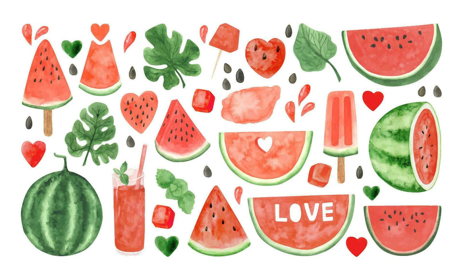 waterverf watermeloen clip art set, zomer rijp fruit, watermeloen partij vector