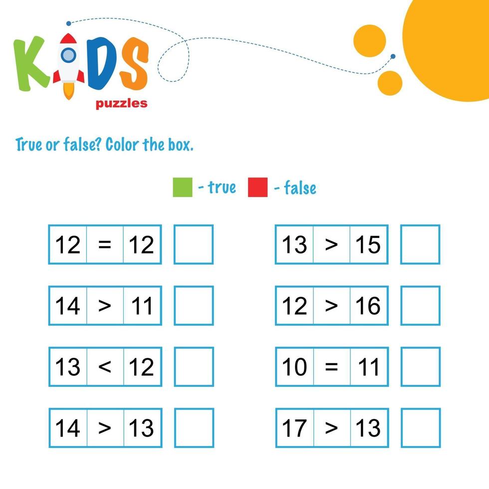 waar of niet waar. het vergelijken van getallen afdrukbaar wiskunde werkblad vector