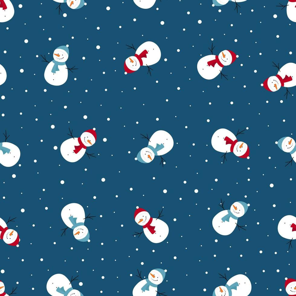 Kerstmis naadloos patroon met glimlachen sneeuwman en besneeuwd vector