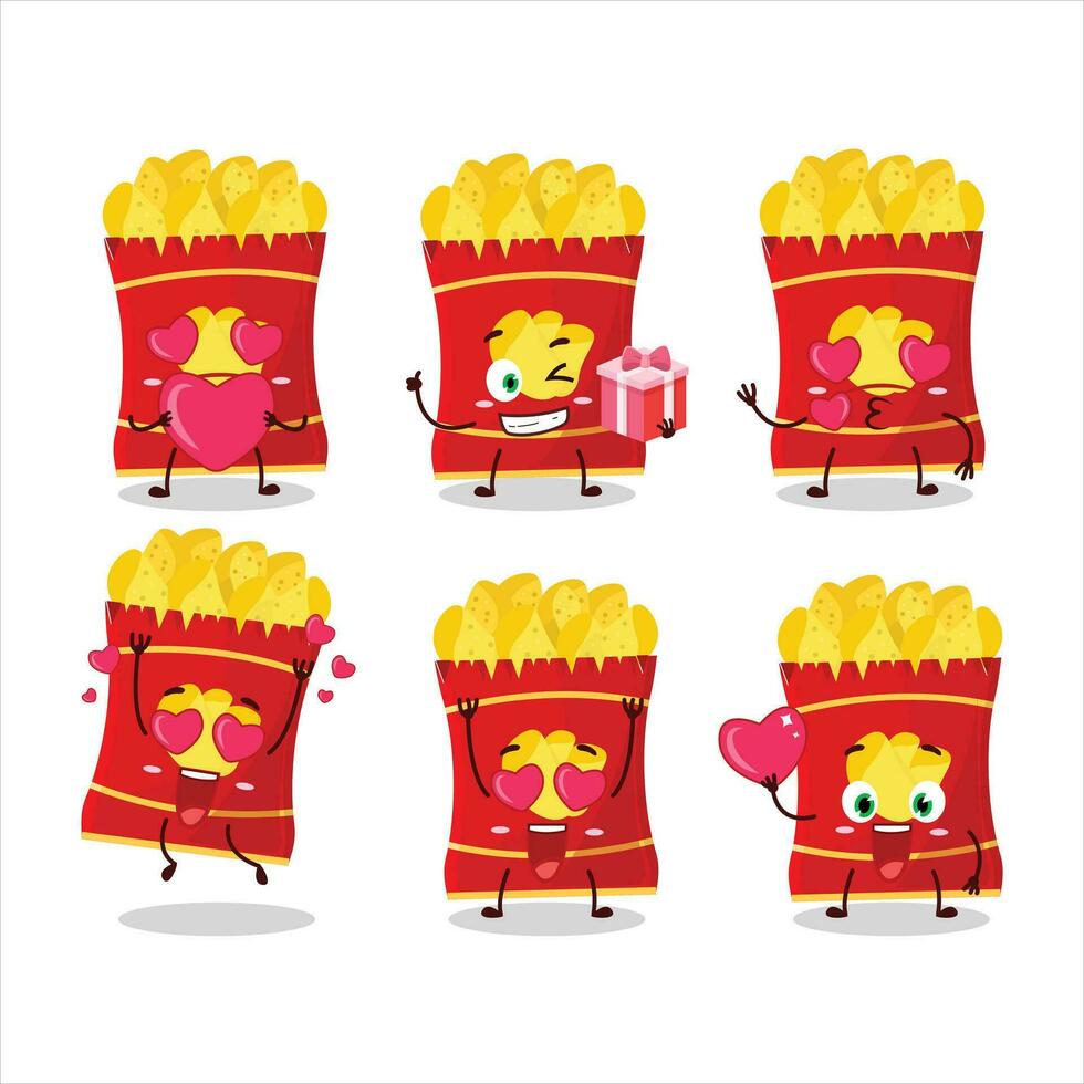 aardappel chips tekenfilm karakter met liefde schattig emoticon vector