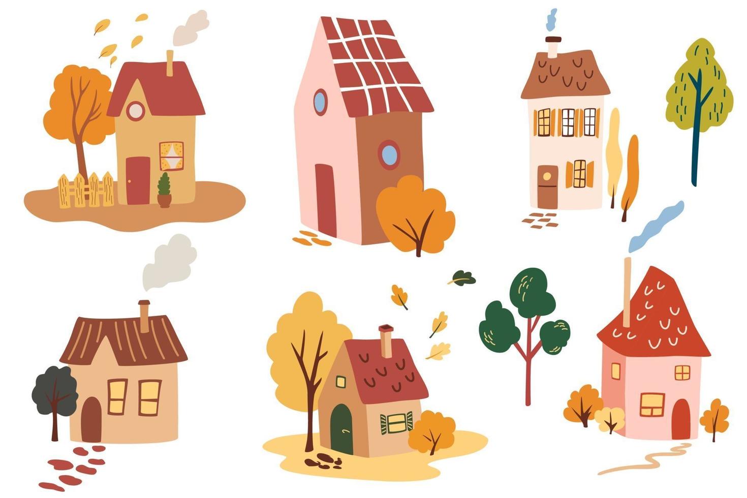 verschillende schattige huizen, bomen en bladeren. vector