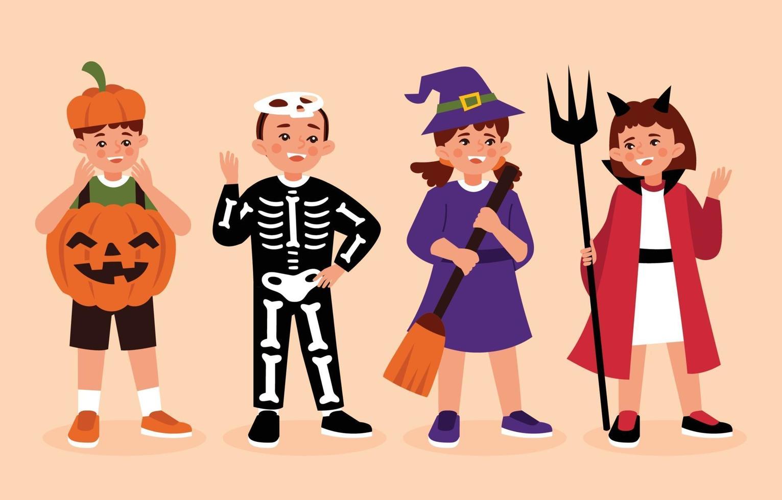 kinderpersonages in halloweenkostuum vector