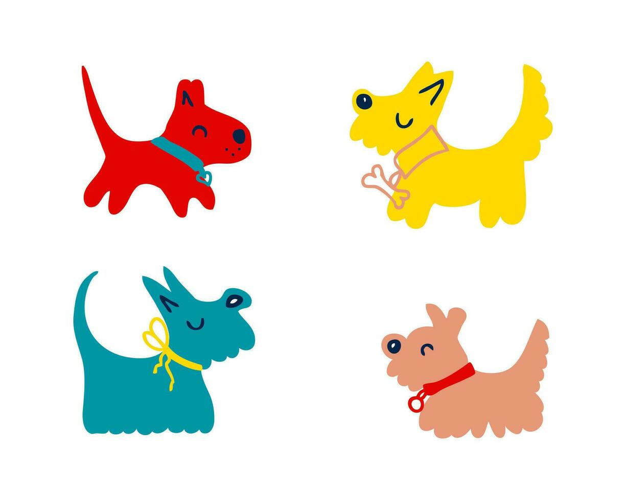 vector grafisch clip art met tekening silhouetten honden in halsbanden. hand- getrokken tekenfilm dieren verzameling. perfect voor tee, poster, kaart, sticker.