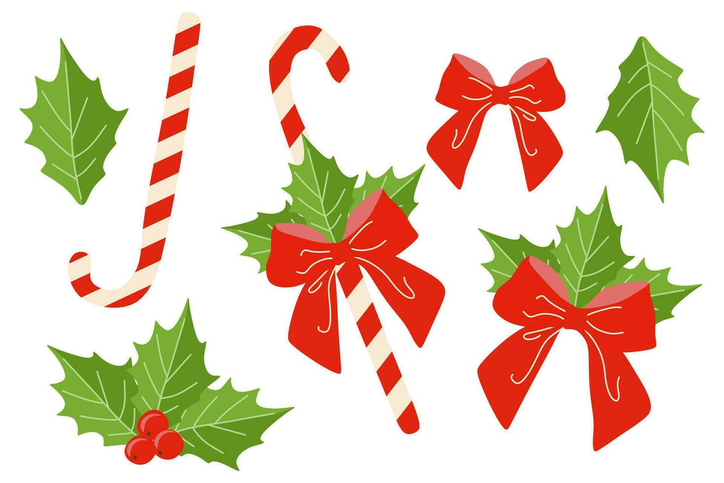 Kerstmis hulst BES reeks met lint boog, bladeren, vector vlak illustratie. verzameling van Kerstmis decoraties en zoet voor groet ansichtkaart, omhulsel papier, geschenk doos. ontwerp elementen geïsoleerd Aan wit